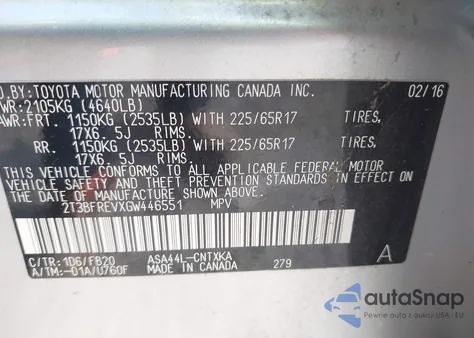 2016 Toyota Rav4 Le из США, поврежденный, VIN 2T3BFREVXGW446551